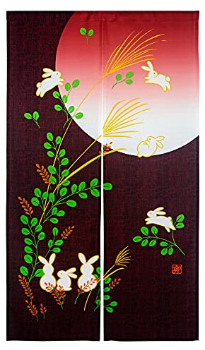 LIGICKY Noren Rideau Japonais Long Tapisserie Fenêtre Rideaux Panneau Tenture Tapisserie Décoration Rouge(85×150cm，Course de Lapins sous la Pleine Lune