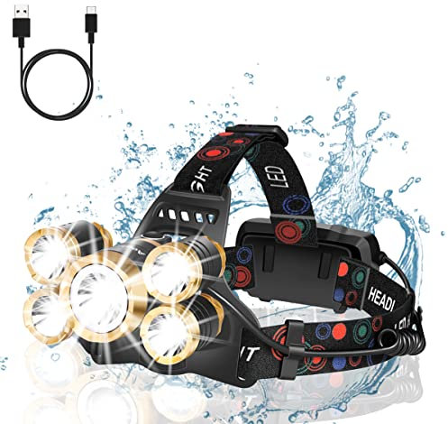 Linterna frontal de 12000 lúmenes, 5 luces LED CREE recargables por USB, 4 modos de luz IPX4, resistente al agua, con zoom, para camping, caza, senderismo, luz de casco duro, funciona con pilas AAA