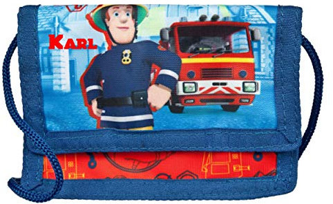 Geldbeutel mit Namen | personalisiert & Bedruckt | Motiv Feuerwehrmann & Feuerwehr Auto | Geldbörse Kindergeldbeutel zum umhängen blau & rot | inkl. NAMENSDRUCK