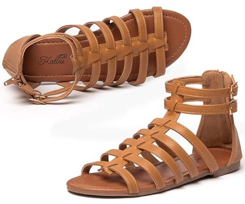 katliu Women's Gladiator Sandal Strappy Flat Sandals Two Ankle Buckle Brown 7