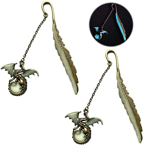 Mon3trYYDS 2 Stück Metall Leuchtendes Lesezeichen Vintage Feder Fliegender Drache Kreative Retro Fluoreszierende Exquisite Dekorationen für Schulen und Büros, Multicolor, 11.5 cm/4.53 zoll