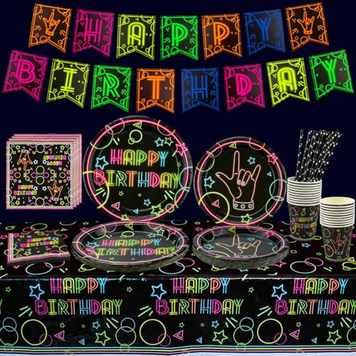 Fournitures de Fête au Néon Lumineux - Glow Thème Joyeux Anniversaire Bannière, Assiettes, Serviettes, Tasse, Nappe et Pailles En Papier pour Décorations de Fête Blacklight Neon, pour 20 Invités