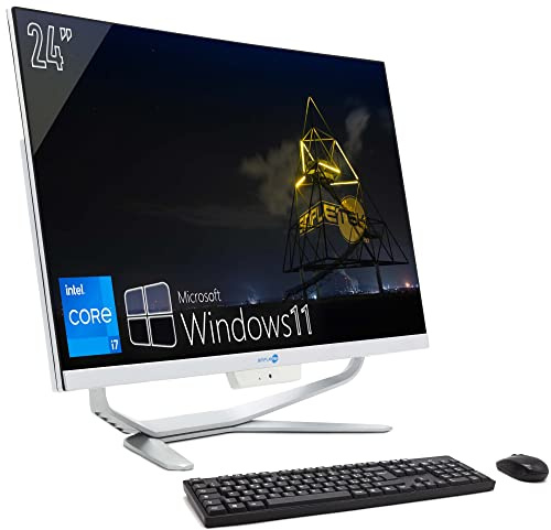 SIMPLETEK PC All in One 24 Full HD Curvo Core i7 Fino 3.90GHz Windows 11 Pro 16GB RAM SSD 960GB Webcam 1080p WiFi5 BT HDMI Computer Fisso Aio Casa Scuola Lavoro