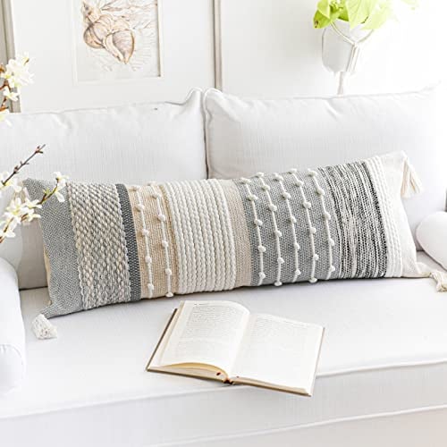 BlissBlush Boho-Lendenkissenbezug, Grauer Akzent, Langer Körper, für Bett, dekorativ, modern, böhmisch, gewebt, strukturiert, 35,6 x 91,4 cm, Grau, nur als Bettüberzug