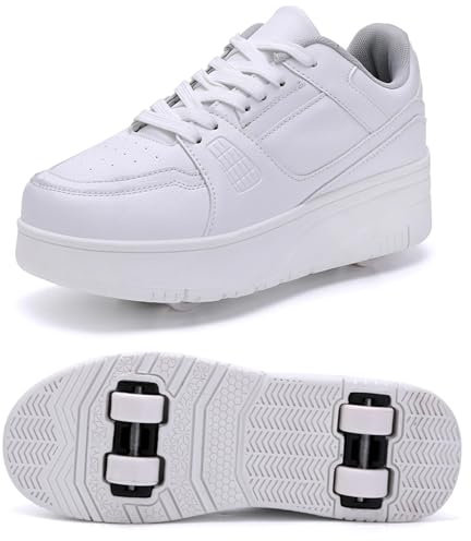 XRDSHY Schuhe mit Rollen für Kinder 4 Rollen Skateboardschuhe Sportschuhe Jungen Mädchen 2 in 1 Multifunktionale Rollschuhe Outdoor-Laufschuhe, White-38 EU