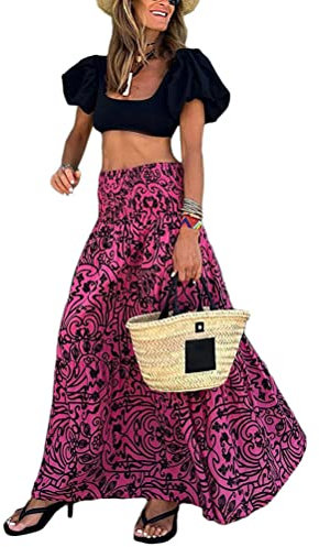 shownicer Rock Damen Polka Dot Elastische Taille Faltenrock Sommer Chiffon Midi Rock Swing Elegant Plisseerock mit Taschen D Rose Rot M