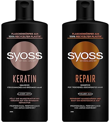Syoss Shampoo Keratin (440 ml), Haarshampoo für schwaches und brüchiges Haar & Shampoo Repair (440 ml), Haarshampoo für trockenes und geschädigtes Haar
