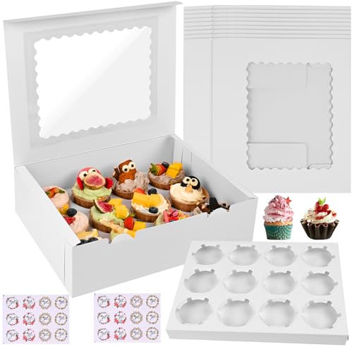 Teklemon Cupcake Box, 10 Stück 12er Muffin Transportbox, Weißer Cupcake Muffin Box mit Transparentem Sichtfenster und Aufklebern, Tortenbox für Kekse Cupcakes Macarons Muffin Tortenkartons