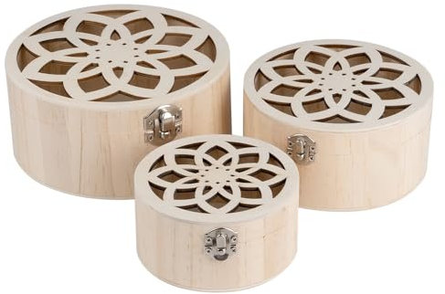 Ideen mit Herz Dekorative Boxen aus Holz | Vintage | Holz-Kiste mit Ornament | SchATULLE | DIY | Deko | Erinnerungsbox | Aufbewahrungs- und Ordnungsschachtel | rund | 3 Größen | 3 Stück