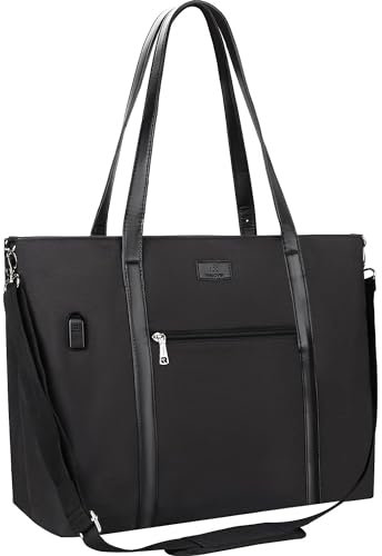 Twofold Tote Bag for Women, 17.3 Inch Shoulder Bag Large Handbags with Charging Port, Teacher Bag Work Bags for Women Satchel, Black