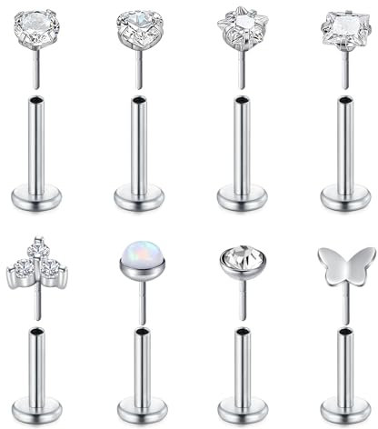 AVYRING Flachrückige Tragus-Piercings, 16G 6mm 8mm Silber Chirurgenstahl Lippenpiercing Set mit eingebetteten CZ & Opal Knorpel Labret Helix Piercing Schmuck für Frauen Mädchen
