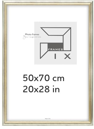 Pix FRAMES Bilderrahmen 50x70 cm Fotorahmen Holz mit Plexiglas | Retro Rahmen zum Aufhängen und Aufstellen - Gealterter Fotorahmen - Silber-Gold