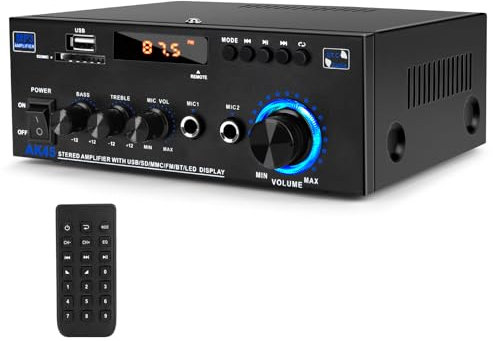 Bluetooth Amplifier 2.0 Channel speaker amplifier Car Amp Bluetooth Amplifier HiFi for Speakers FM Radio, Karaoke, w/USB/2 MIC/SD/MMC/FM Inputs & Remote Control, for Home/Car Speaker
