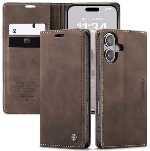 owlhold Handyhülle für iPhone 16 Plus Hülle Premium Lederhülle Weiches Vintage-Nubukleder Faltbare Ständer Schutzhülle Kartenfach Standfunktion stoßfest klapphülle iPhone 16 Plus -Kaffee