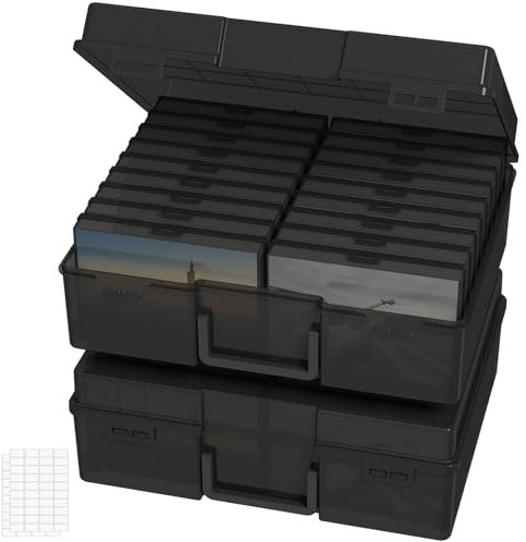 Lifewit 2 Stk. Fotoaufbewahrungsbox 10,1 x 15,2 cm mit Deckel, 18 innere Fotohalter, Schwarz Fotoboxen Foto-Organizer aus Kunststoff für Saatgut/Karten/Handwerk/Aufkleber, mit 1 Blatt Etikettensticker