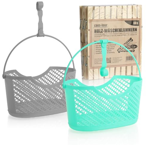 COM-FOUR® Juego de 62 Pinzas para la Ropa - Soporte para Ropa con cesto - 60 Pinzas de Madera, 2 cestas - Pinzas de Madera clásicas - Almacenamiento de Pinzas con Pinzas para (Set06-62 Piezas)