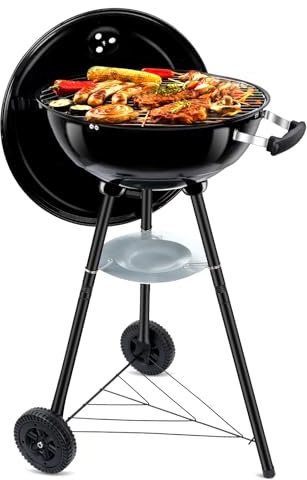 45.7 cm Holzkohlegrill, Leonyo Tragbarer Barbecue Kugelgrill, Runder Smoker mit Rädern und Porzellan-Emailliertem Deckel für Kochen im Freien, Camping, Hinterhof und Strand, Schwarz