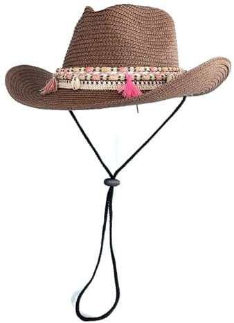 Unisex Cowboy Cowgirl Straw Hat with Chin Strap Classic Western Style Wide Brim Fedora Bucket Visor Cap Summer Beach Travel Outdoor Sun Protection Bohemia Hat