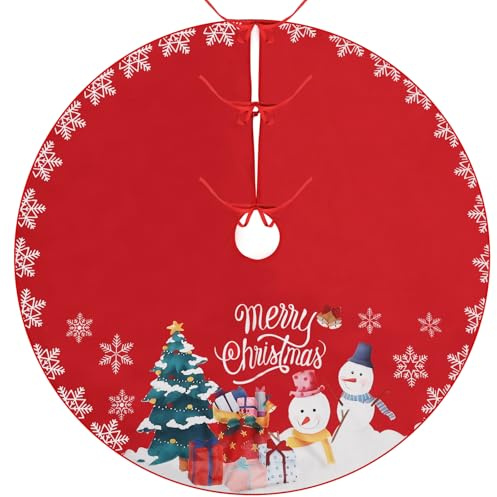 Bigqin Weihnachtsbaum Rock, 120cm Rot Weihnachtsbaum Decke, Retro Weihnachtsbaumdecke Unterlage rund, Schneeflocke Weihnachtsbaumrock für Weihnachtsdekoration Drinnen und Draußen