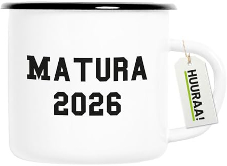 Huuraa Emaille Tasse Matura 2026 Abschluss Österreich/Schweiz Geschenk | 300ml Becher Weiß mit Schwarzem Rand Vintage Campingbecher Geschenkidee Kaffeetasse als Wohnwagen Zubehör Campingtasse