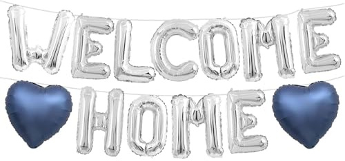 DazzJoy Willkommen Zuhause Luftballons Silber Blau, 16 Zoll Silber WELCOME HOME Buchstaben Ballons, Welcome Home Deko Luftballon, Willkommen Zurück Deko Helium Ballons für Babyparty, Familie Party