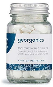 Georganics - Natürliche Bio-Mundspültabletten – Zahnreinigungstabletten für Frischen Atem mit Natron und Menthol - Vegan, ohne SLS, Tierversuche und Fluorid - Englische Pfefferminze - 180 Tabletten