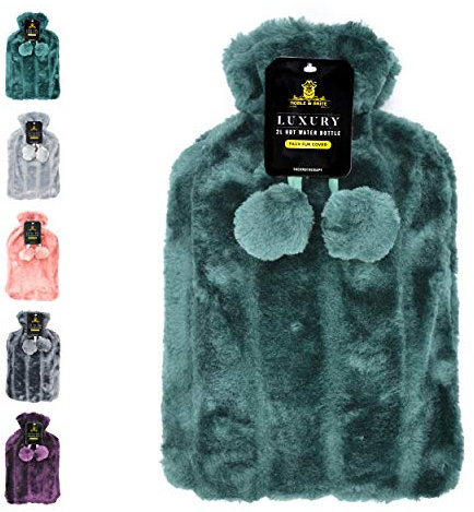 Hot Water Bottle with Cover Fluffy Super Soft Faux Fur Large 2 Litre (Green)