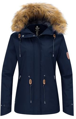 Wantdo Damen Wasserdicht Skijacke Winddichter Outdoor Sport Mäntel Berg Snowboardjacken Gefüttert Jacke mit Kunstpelzhaube Blau M