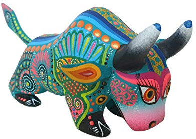 ALKIMIA INC Mexikanische Alebrije-Stier-Skulptur aus Holz, geschnitzt, handgefertigt (türkis)