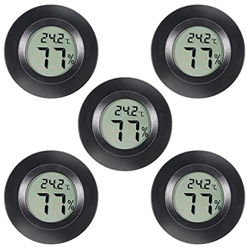 5Pcs Mini Round Hygrometer Thermometer Digital LCD Monitor Meter Gauge Indoor Outdoor Humidity Temperature Gauge for Humidifiers Dehumidifiers Greenhouse Basement Babyroom Fahrenheit or Celsius Black