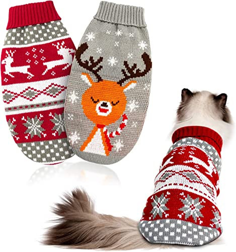 HYLYUN 2 Stück Weihnachts Katze Hunde Pullover, Klein Hundepullover Schneeflocken Rentier-Motiv Strickwaren, Wintermantel Warmhalten Katze Weihnachten Kostüm für Katze Klein Hunde