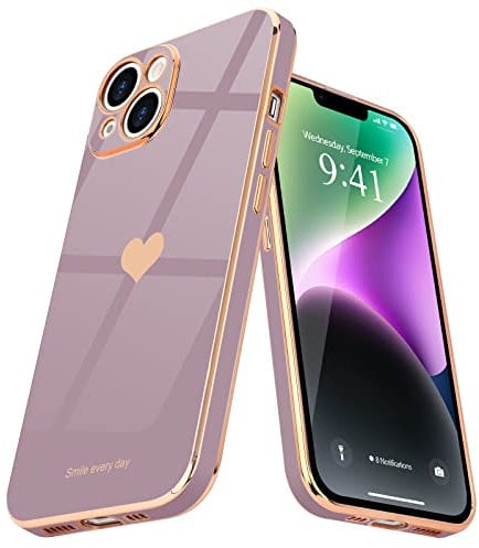 Teageo for iPhone 14 Case Cute Heart Pattern for Women Girls Slim Luxury Bling Plating Soft TPU Anti-Scratch Shockproof Bumper Phone Case for iPhone 14, Purple