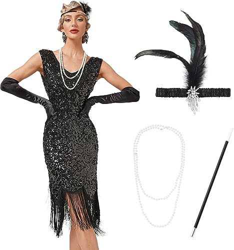Odizli 20er Jahre Kostüm Damen Vintage Gatsby Glitzer Pailletten 1920er Charleston Flapper Fransenkleid Frauen Ärmellos V-Ausschnitt Kurz Abendkleid Hochzeit Cocktailkleid Schwarz+Accessoires XS