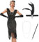 Odizli 20er Jahre Kostüm Damen Vintage Gatsby Glitzer Pailletten 1920er Charleston Flapper Fransenkleid Frauen Ärmellos V-Ausschnitt Kurz Abendkleid Hochzeit Cocktailkleid Schwarz+Accessoires XS