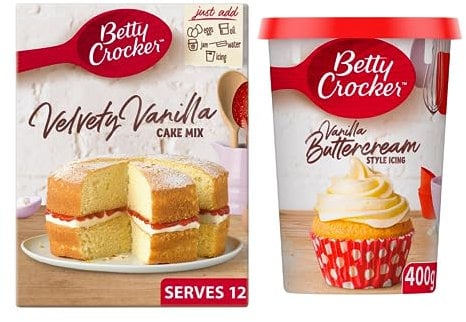 Betty Crocker Velvety Vanilla Cake Mix 425g with Betty Crocker Vanilla Buttercream Style Icing 400g