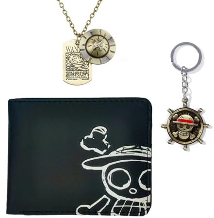 Bigemo 1 x Geldbörse, schwarze Bifold OP Anime Brieftasche, kurzer Strohhut, Geldbörse mit 1 Stück Luffy Skelett Anhänger Halskette und Luffy Schlüsselanhänger für Männer Jungen Mädchen Frauen