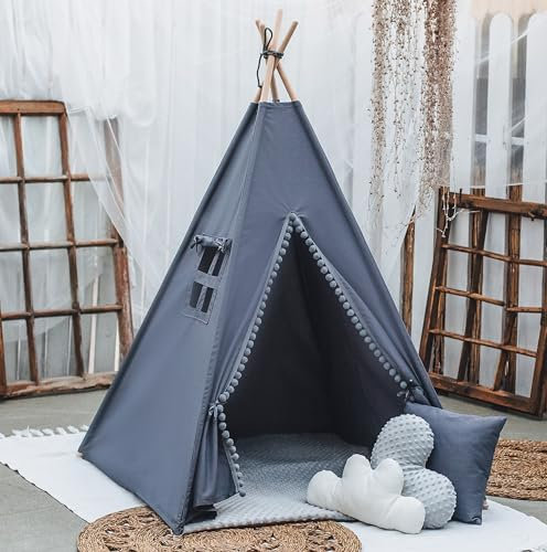 HOMECHIC Kinder Tipi Teepee Spielzelt Wigwam Grau Boho Pompons Bodenmatte 3 Kissen 110x110x150cm Traumfänger Premium