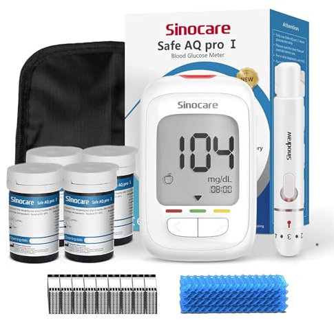 Sinocare Medidor de Glucosa en Sangre, Kit Prueba de Glucosa 100 Tiras, Dispositivo de Punción, Resultados Precisos (Safe AQ Pro I)