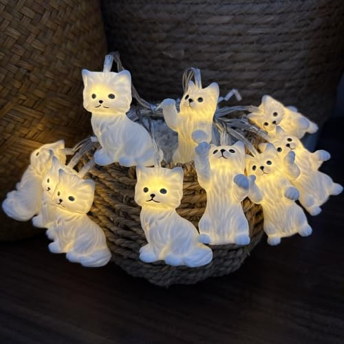Riaxuebiy 1.65M 10LEDs Lovely White Cat String Lights Battery Powered Kitten Cat Night Light for Halloween Christmas Tree Home Party Room Decoration