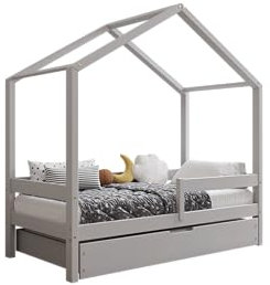 TIMBEE HUFIE - Box Kinderbett Holz - Hausform mit Schienen - Skandinavischer Stil - Solide Konstruktion aus Naturholz - Modell mit Schublade - Grau - 90x200cm