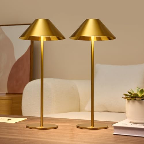 Lalavon LED Tischlampe Kabellos, Dimmbare Tischleuchte Touch mit 3 Farbtemperatur 3000K-6000K, 4000mAh Akku Tischleuchte mit USB-C Aufladbar für Outdoor Esstisch Camping Bar, IP54, 2 Stück (Gold)