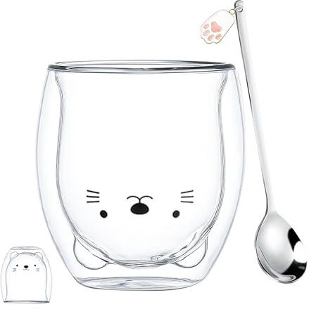 Doppelwandige Katze Latte Macchiato Gläser Kaffeetasse mit Löffel 250 ml, Doppelwandige Kaffeegläser, Kaffeeglas Teegläser, für Cappuccino,Latte Macchiato,Tee, Milch, EIS, Bier Halloween, Weihnachten