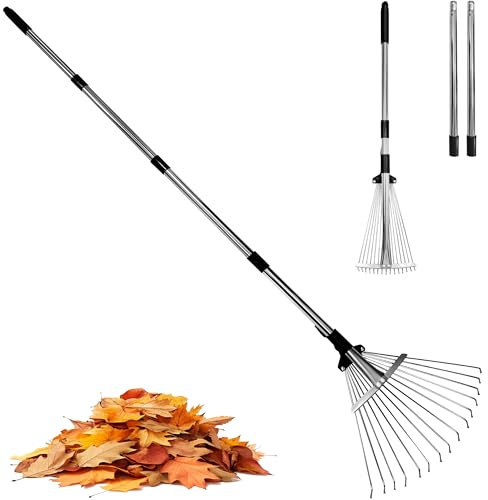 Gartenharke Rechen Laubbesen,Robuster Verstellbarer Metall-Rasenbesen,Gartenrechen mit Langer Stiel (85–175cm) mit ausziehbarem Kopf (20–40cm), Gartengeräte für Garten,Rasen,Sträucher und Blumenbeete
