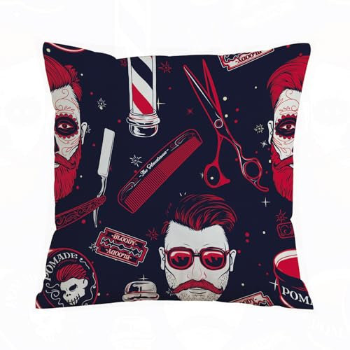 ERRTU Kissenbezug 50x50 cm,Nahtloses Barbershop-Muster mit Hipster-Gesicht, Friseurschere und Rasiermesser.,Dekokissen Kissenbezüge Deko Kissen Bezug Wohnzimmer Zierkissen für Sofa Stuhl Bett Garten