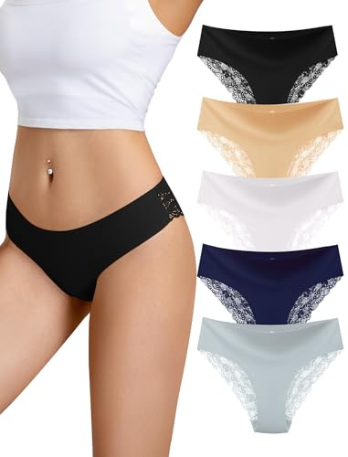 VOENXE Culotte Femme,Slip Microfibre Dentelle Women Lace Bikini Underwear | Taille Basse Confortable Soft Panties Multipack,Lacy Elastane Hipster,Lot de 5 Pack