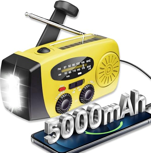 ZDAGELD Hand Crank Solar Radio, 5000mAh Emergency Radio Wind Up Power Bank with AM/FM/NOAA Weather, SOS Alarm, LED Torch for Camping, Hiking, Home Survival & Outdoor Emergencies(Yellow)