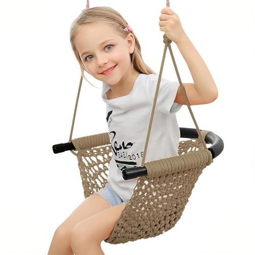 Kinderschaukel Outdoor Schaukel Garten handgestrickter Schaukelsitz für Indoor Outdoor Spielplatz Hinterhof Höhenverstellbar Atmungsaktiv elastisch Bequemer Nestschaukel (Khaki)