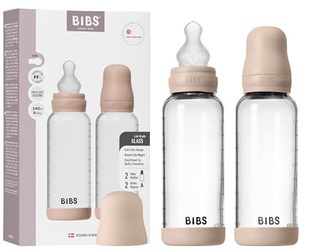 BIBS Glass Baby Bottle, 240 ml, 2-Pack, Silicone Teat, Blush | Anti-Colic | Silicone Teat | Medium Flow | Supports Breastfeeding | Made in Denmark | Familiar BIBS Teat