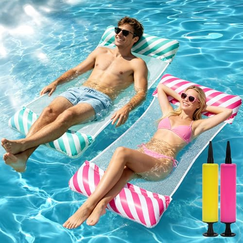 Luftmatratze Pool Zubehör Spaß,2 Stück Wasserhängematte mit Netz,4-in-1 Luftmatratze Wasser Hängematte,130x70cm Poolliege mit Luftpumpe,Schwimmmatratze Wasserliege für Schwimmbad Strand Urlaub