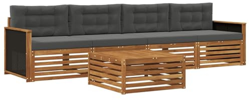 vidaXL Outdoor-Sofagarnitur mit Kissen 5 pcs Natur und Anthrazit, Gartenmöbel, Moderne Sitzgruppe, L-förmiges Sofa für Terrasse, relaxen im Lounge-Stil